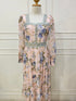 Floral Print Lacey Border Elegant Square Neck Long Sleeves Sundress